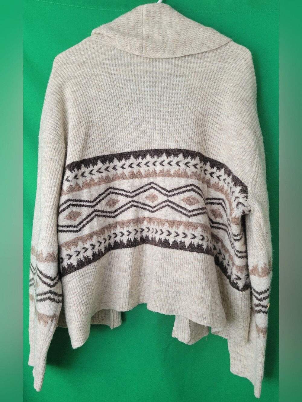 Lucky Brand Cream Fair Isle Open Front Sweater Cardigan Sz XL Shawl Cowl Neck
